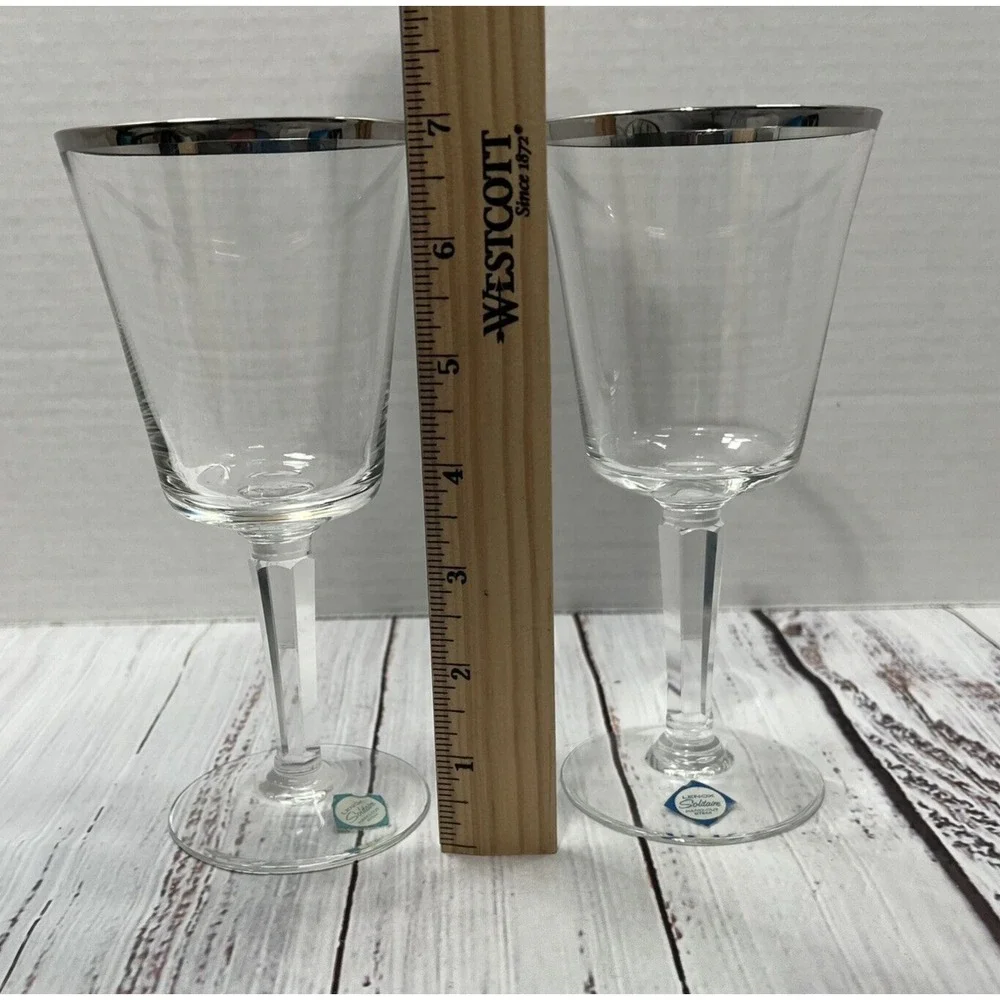 2 Vintage Lenox Solitaire Water Goblets Platinum Trim Fine Crystal USA Set